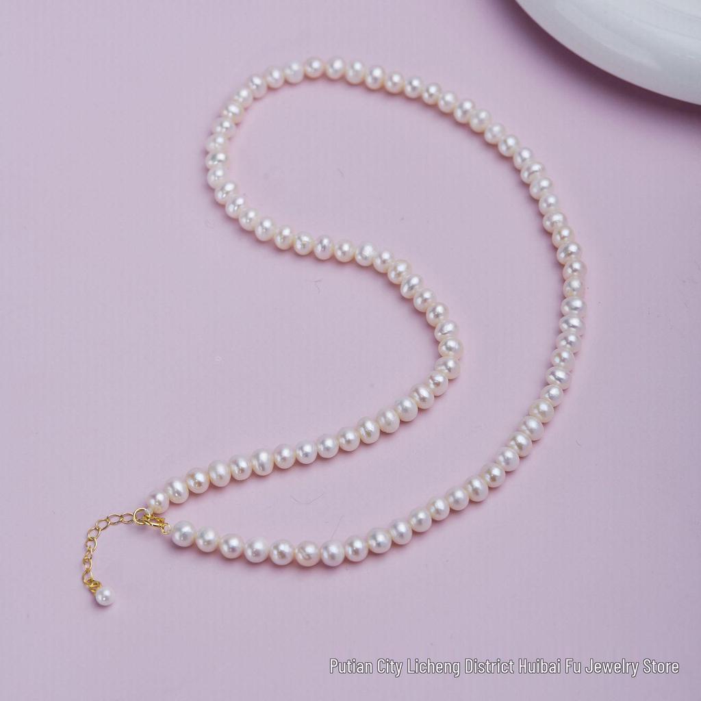 Set Collana e Bracciale da Donna con Perle d'Acqua Dolce Naturali e Nappa - Perle Quasi Rotonde 5-6mm, Argento S925 Regolabile