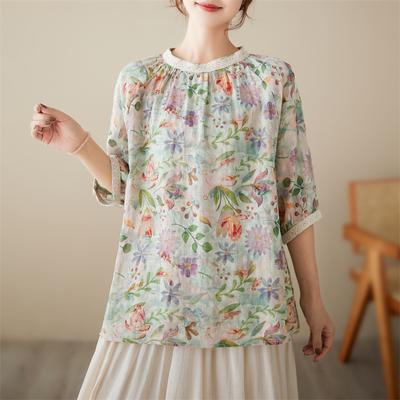 Summer Breathable Top for Women Vintage Floral Printed Cotton Linen Blouse Casual Round Neck Three Quarter Sleeve Shirt
