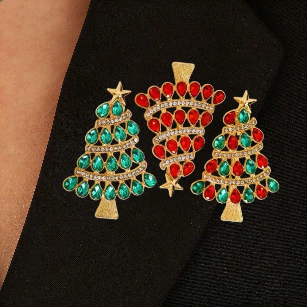 Full Rhinestones Rhinestone Brooch Enamel Christmas Crystal Pins Christmas Tree Brooch  Office