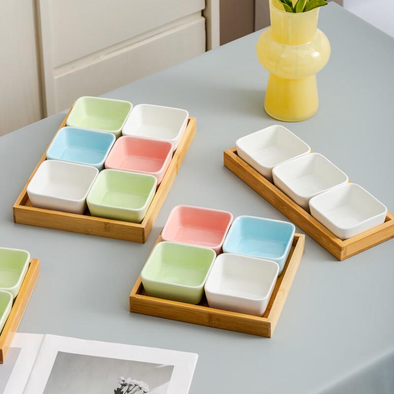 Ceramic Divided Snack Platter with Bamboo Tray