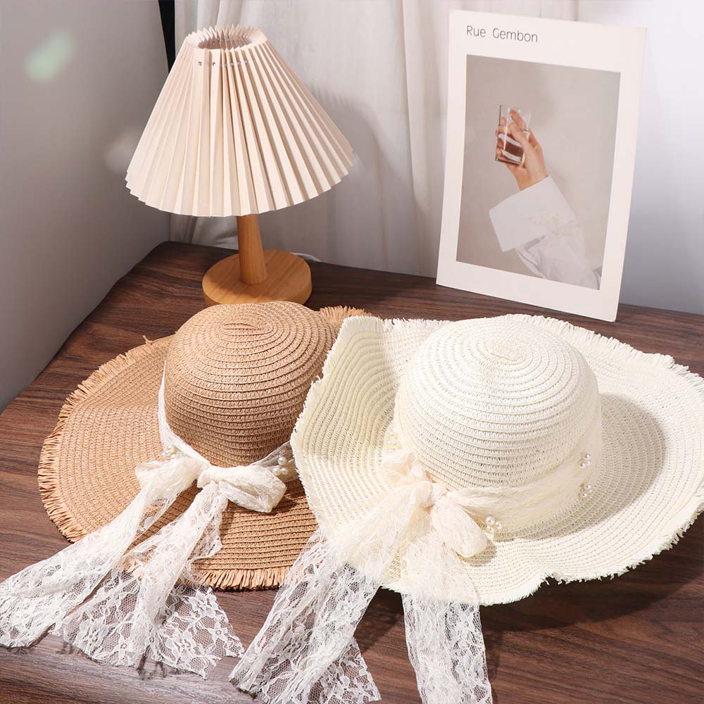Spring Summer Bow Ribbon Straw Hat French Style Women's Sun Hat Lace Pearls Straw Hat  Outdoor