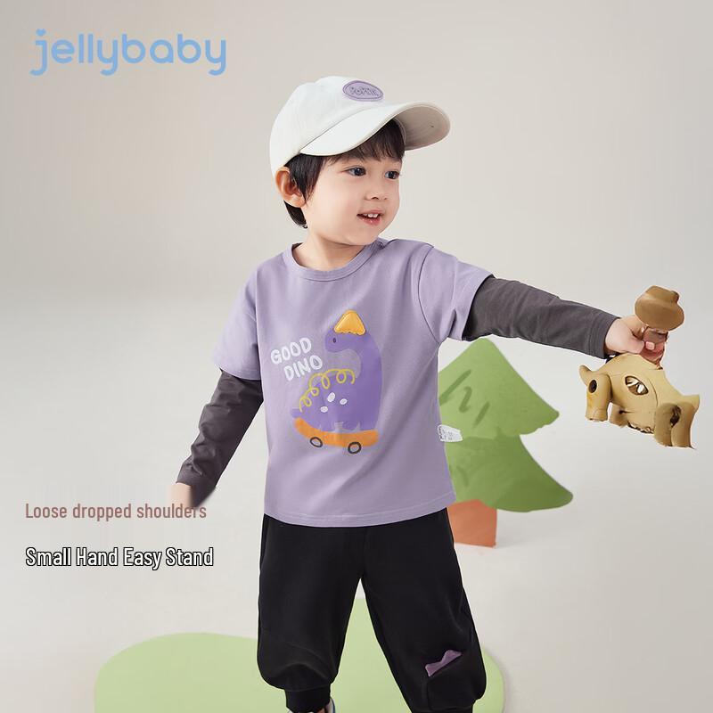JELLYBABY Boys' Cartoon Spliced Sleeve Faux Two-Piece Long Sleeve T-Shirt