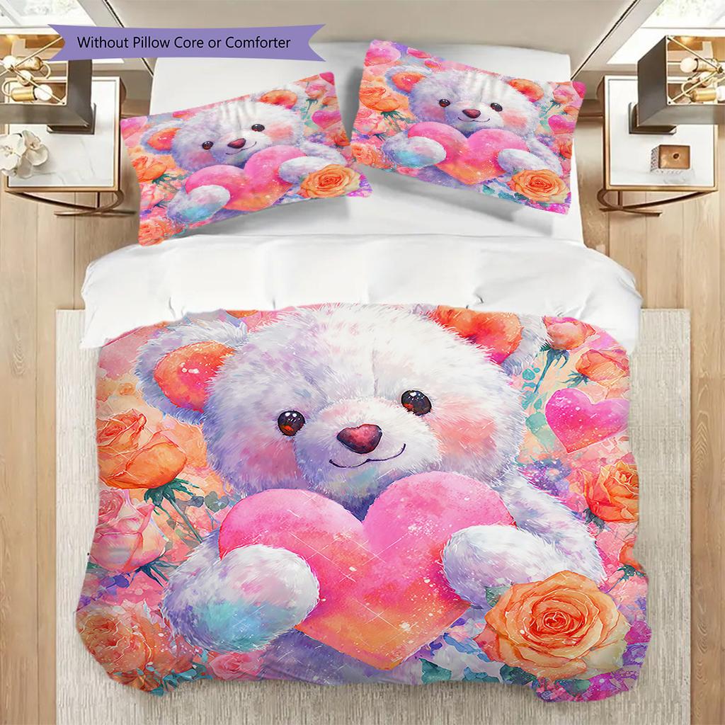 Bear Doll Pattern Bedding Quilt Set Quilt Cover Pillowcase Home Decoration Birthday Gift (1 * duvet cover + 2 * pillowcase, without core)