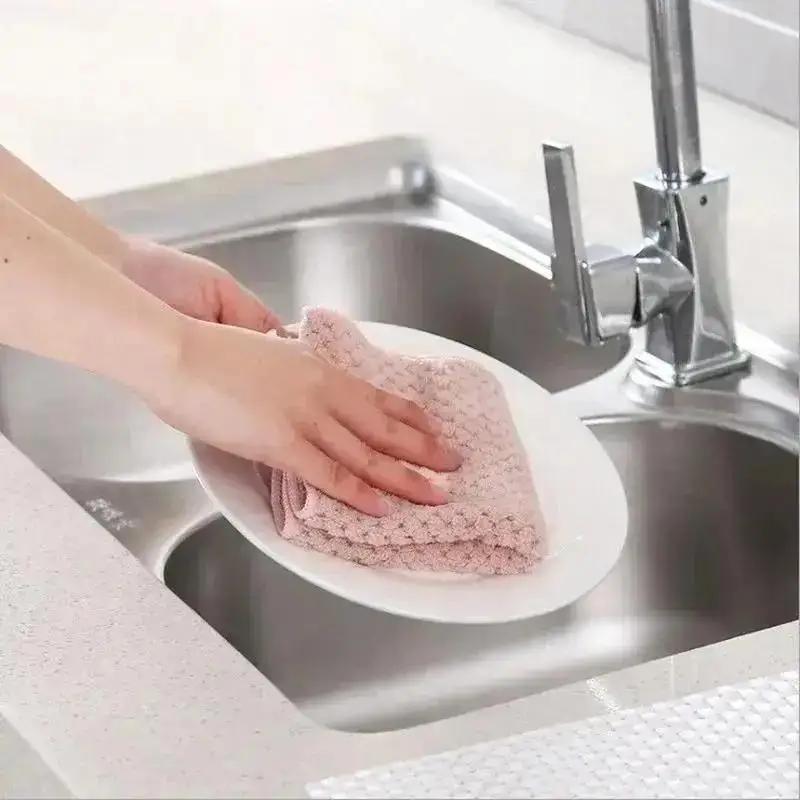 3/10Pcs Kitchen Cleaning Articles Dining Wash Towel Absorbent Square Microfiber Dishcloths Household Thickened Absorbent Cloth