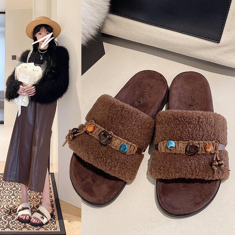 [Ushilai] 2025 autumn new lamb wool slippers women's one-word versatile flat-bottomed non-slip outer slippers