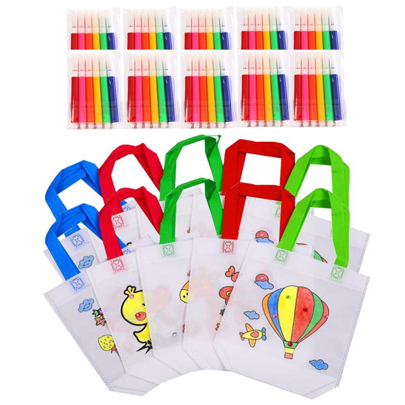 DIY Graffiti Bag with Coloring Markers Handmade Painting Non Woven Bags for Children Arts Crafts Color Filling Drawing Toy