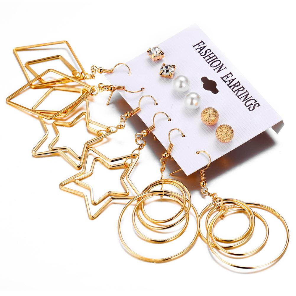 6pcs/set Women Creative Pearl Five-pointed Star Big Circle Earrings Ear Stud Jewelry Accessories