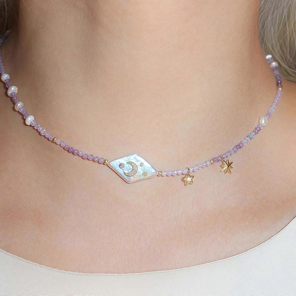 Fashionable Beaded Necklace Natural Pearls Zircon Collarbone Chain with Purple Beads Accent for Gift Giving Multicolor