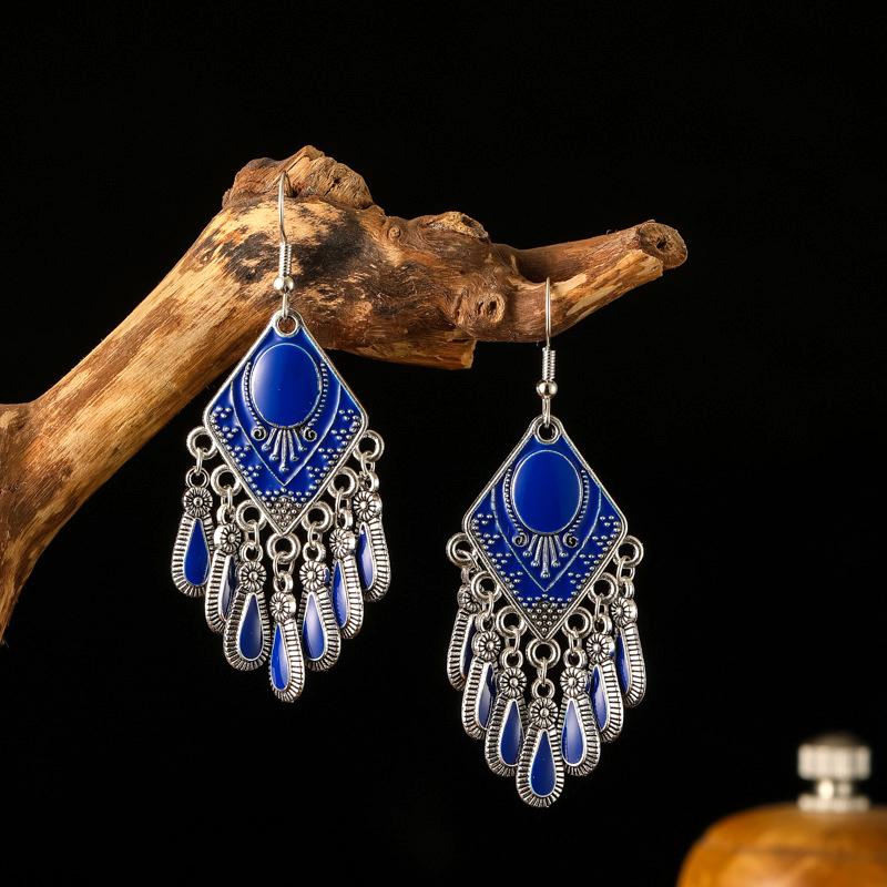Ethnic Style Drop Oil Rhombus Earrings for Women Vintage Elegant Silver Color Metal Water Drop Earring Female Jewelry