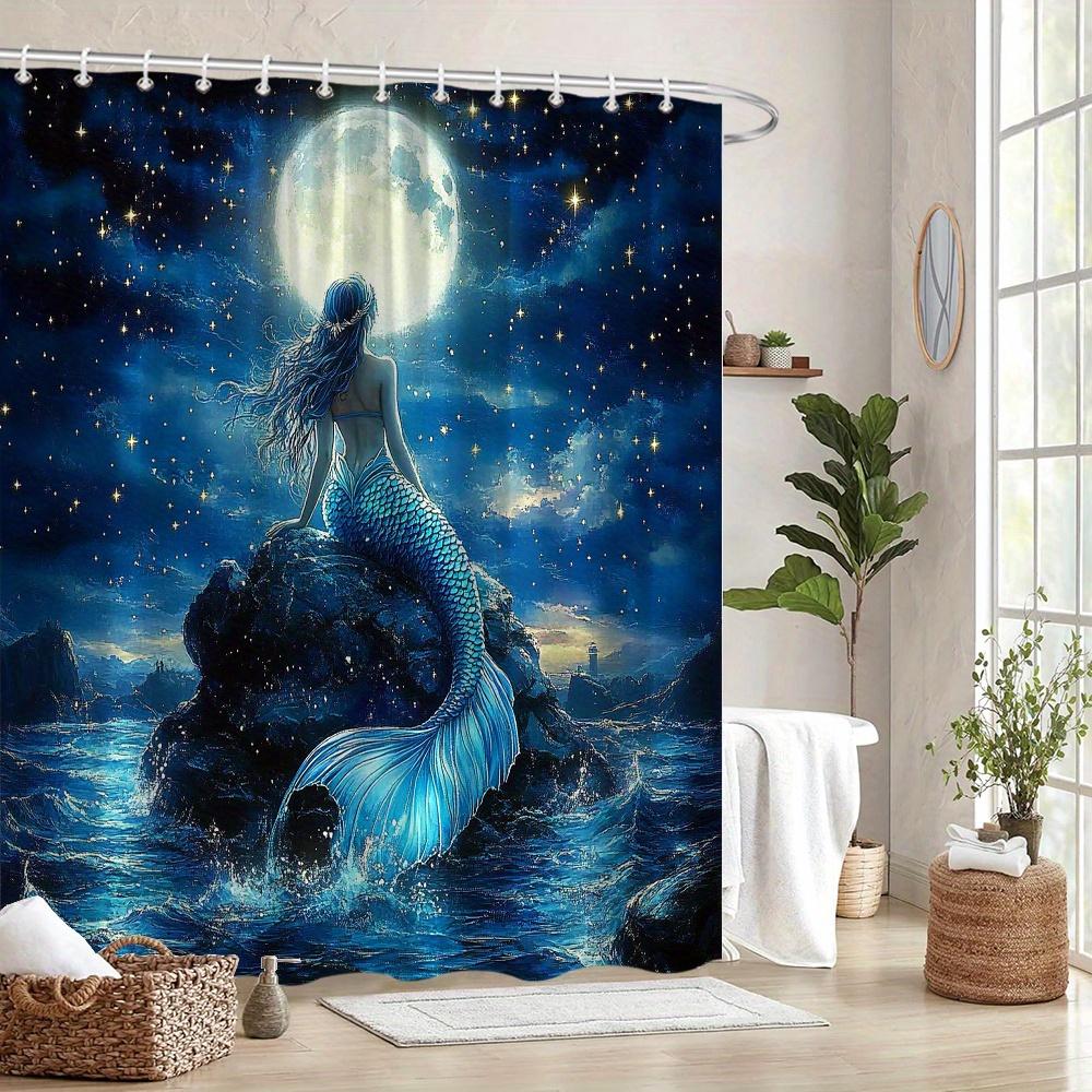 Blue Mermaid Shower Curtain with Full Moon and Stars 3D Artistic Design Waterproof Bath Decor Magical Fantasy Bathroom Curtains