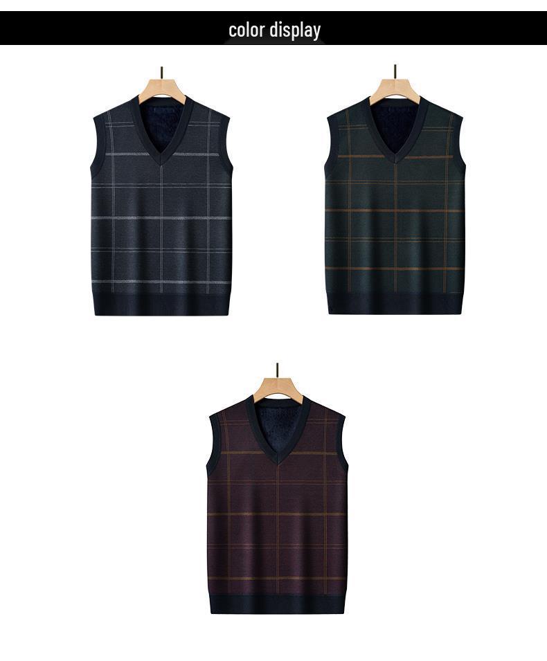 Dad's Fleece-Lined Sweater Vest: Warm Knitted Base Layer for Middle-aged and Elderly Men in Autumn and Winter.