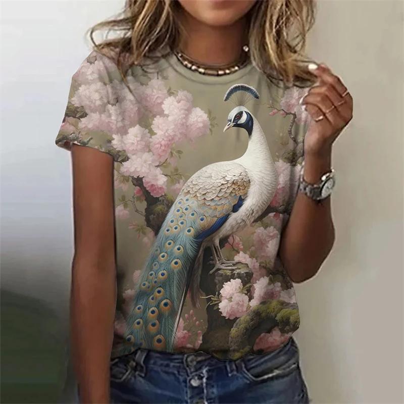 Fashion Retro Peacock Feather 3D Print Woman Harajuku Personality Short Sleevet Colorful O-neck Tops