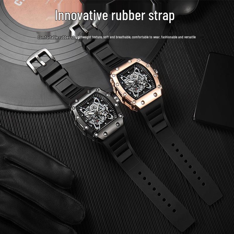 Swiss Brand Men's Sporty Mechanical Watch - Hollowed Large Dial, Luminous, Ideal for Students.
