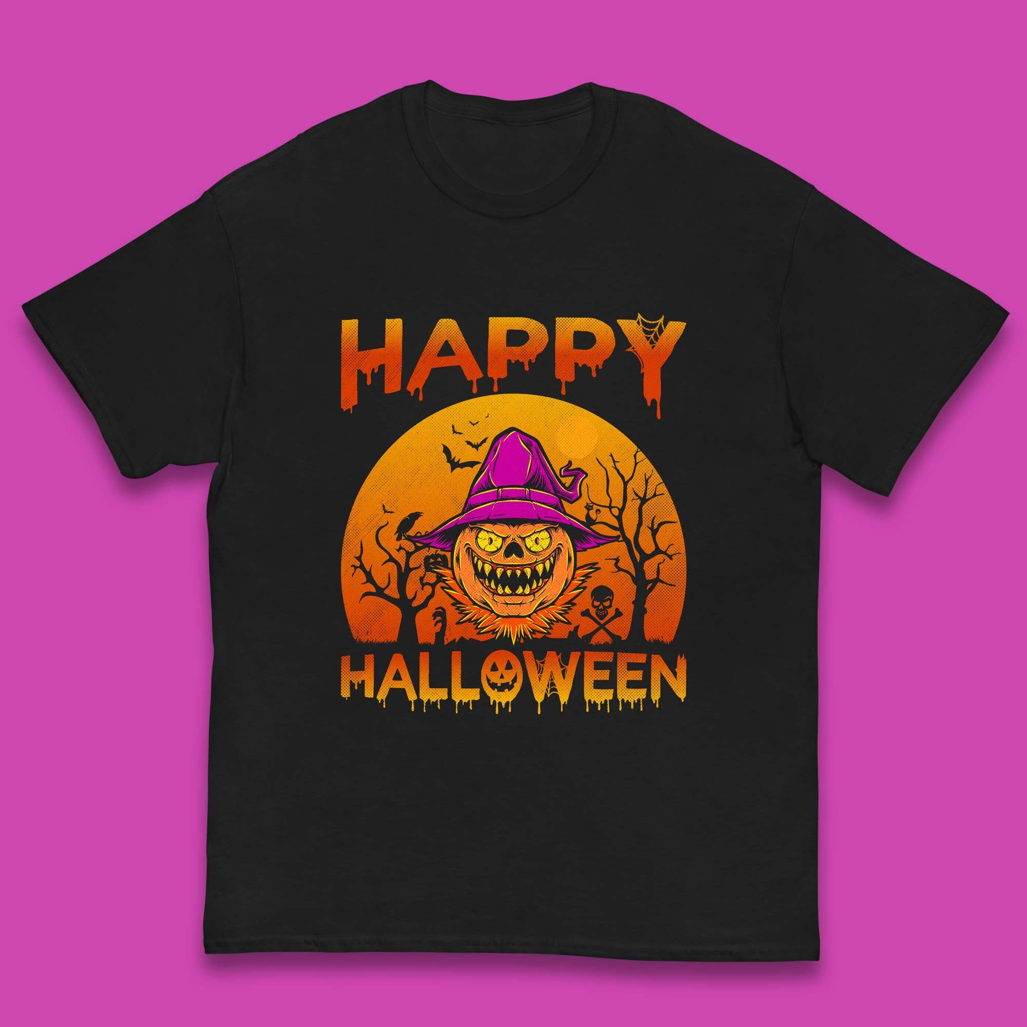 Happy Halloween Monster Pumpkin With Witch Hat Horror Scary Spooky Season Kids T Shirt 100
