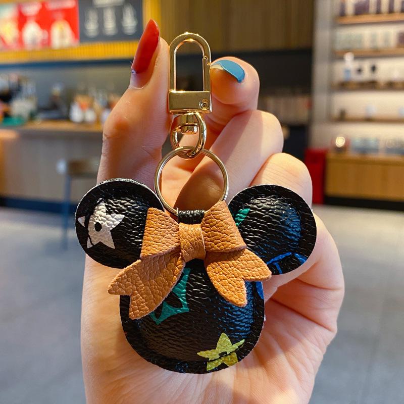 Exquisite Classic Leather Old Flower Car Pendant Keychain with Cute Ball Cartoon Rex Rabbit Fur for Women's Bags