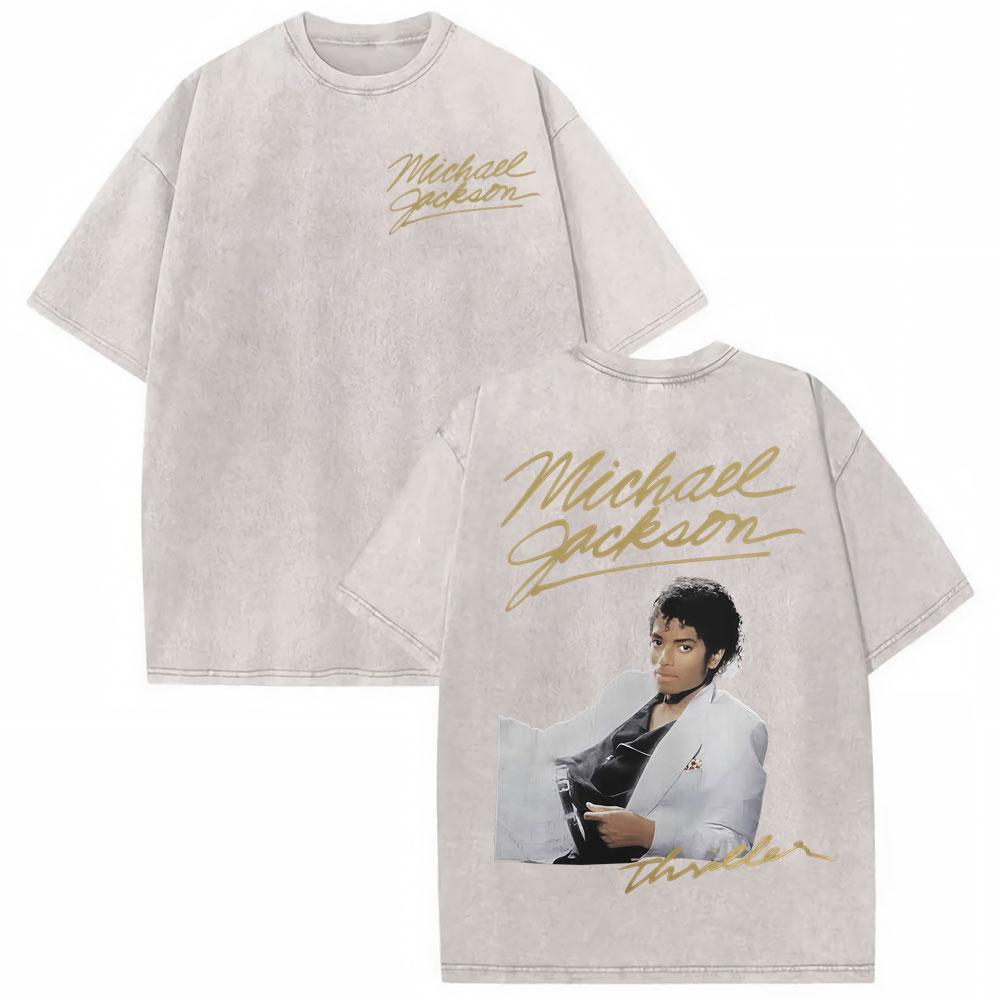 Michael Jackson King of Pop MJ Vintage Washed T-Shirt Herren Damen High Street Gothic Klassisches T-Shirt Sommer Oberteile Hip Hop T-Shirt