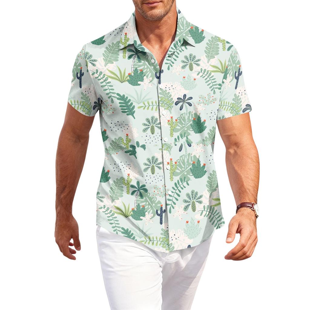 Men's Casual Loose Fit Short Sleeve Hawaiian Shirt Button Down Lightweight Summer Beach Shirt with Shark Print Design