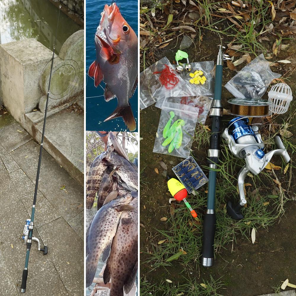 FTK 55pcs1.8m Fishing Rod and Reel Float Lure Set Carbon Fiber Telescopic Fishing Rod  Spinning Reel for Saltwater Freshwater