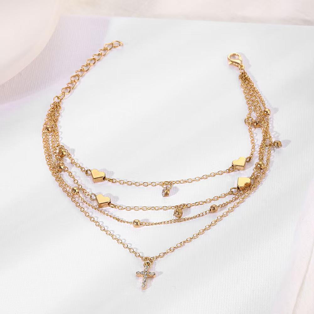 Trendy Multi-layer Rhinestone Heart Anklet Set for Women - Summer Beach Style