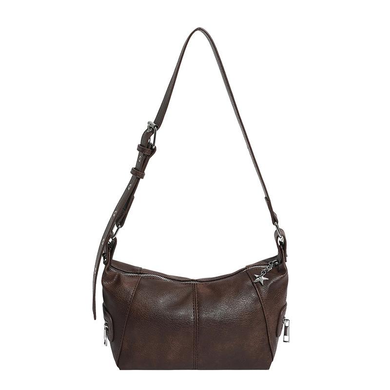 

Vintage Brown Studded Moto Bag Retro Oil Wax Leather Shoulder Handbag With Belt For Women Casual Daily Commute Fashi Purse кавовий