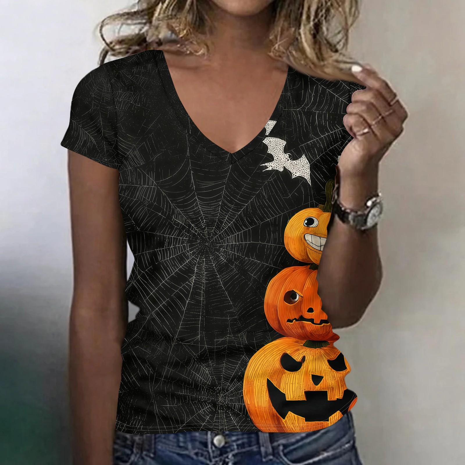 Women s V-Neck Halloween Print Blouse Lightweight Spring Summer Top XL