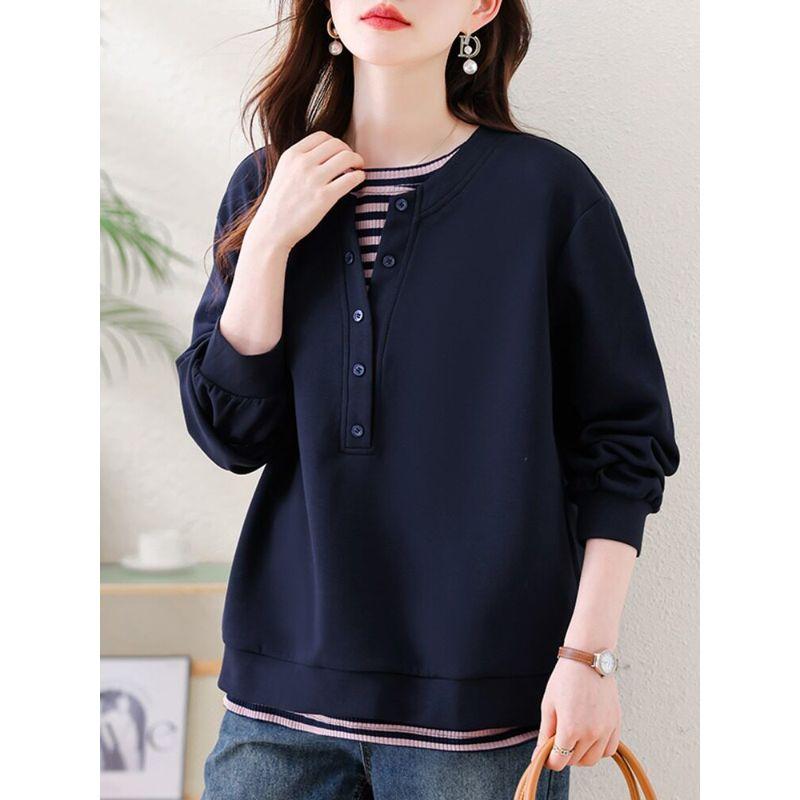 September Momo Fashion Stripe Fake Two Pieces Hoodie Ozhouzhan Plus size Leisure Women clothes 2025 New Autumn clothes Top