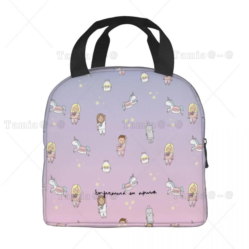 Cartoon Ladies Nurse Printed Lunch Bag for Women No Paro De Doblar Enfermera En Apuros Insulated Cooler Oxford Food Tote Bags