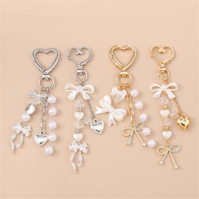Cute Y2K Imitation Pearl Keychain Metal Love Heart Bow Pendant Keyrings for Women Car Key Holder Handbag Key Chains DIY Gifts