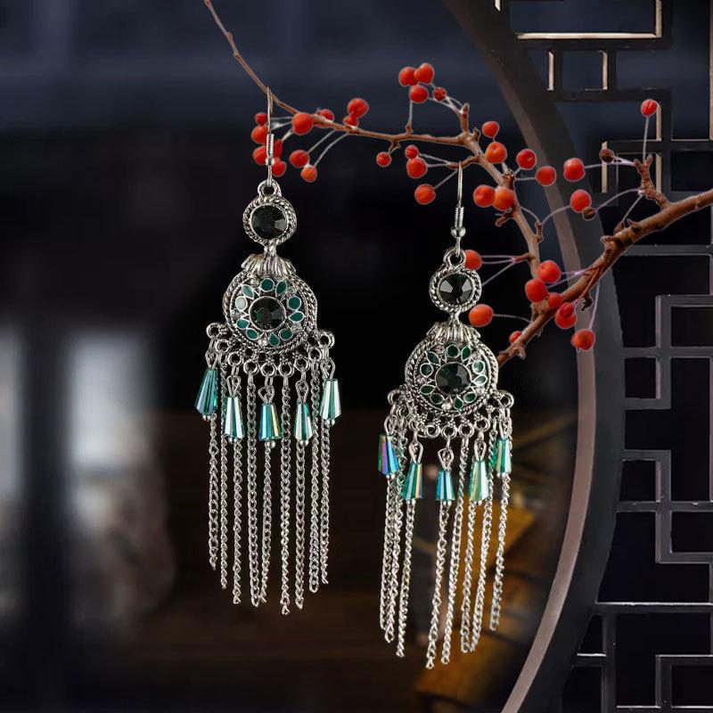 Exotic Style Round Compass Long Chinese Style Earrings Women'S Retro Fringed Temperament Earrings