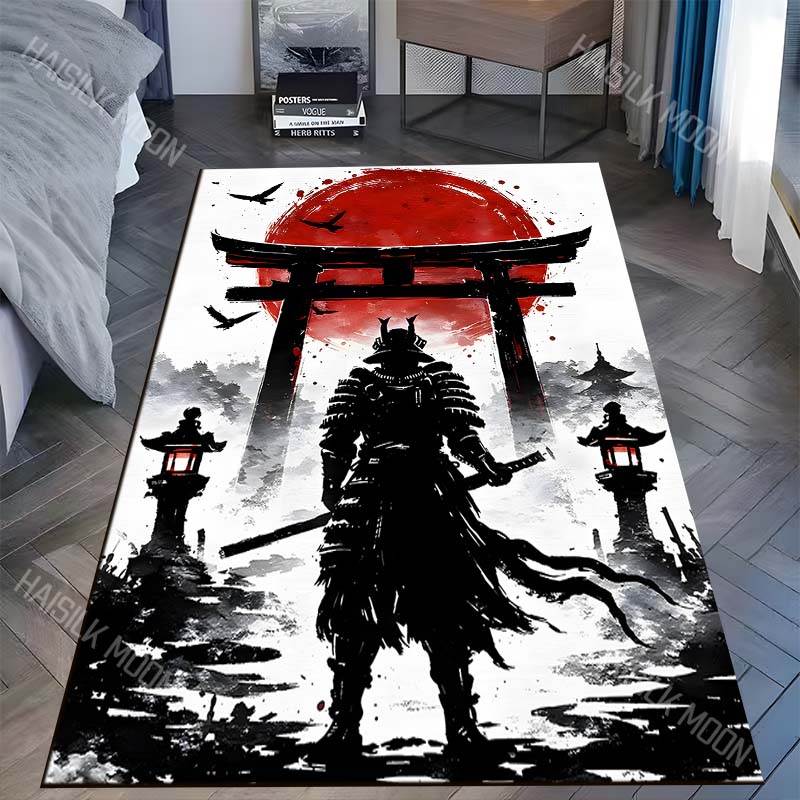 Samurai Silhouette with Red Sun Print Carpet Rug for Living Room Bedroom Sofa Doormat Home Decor Non-slip Floor Mat