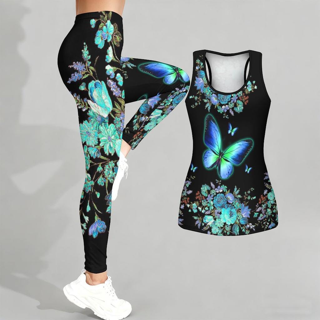 Butterfly Print Yoga Outfit for Women Fashion Workout Leggings Fitness Sports Casual Yoga Set Sports Suit