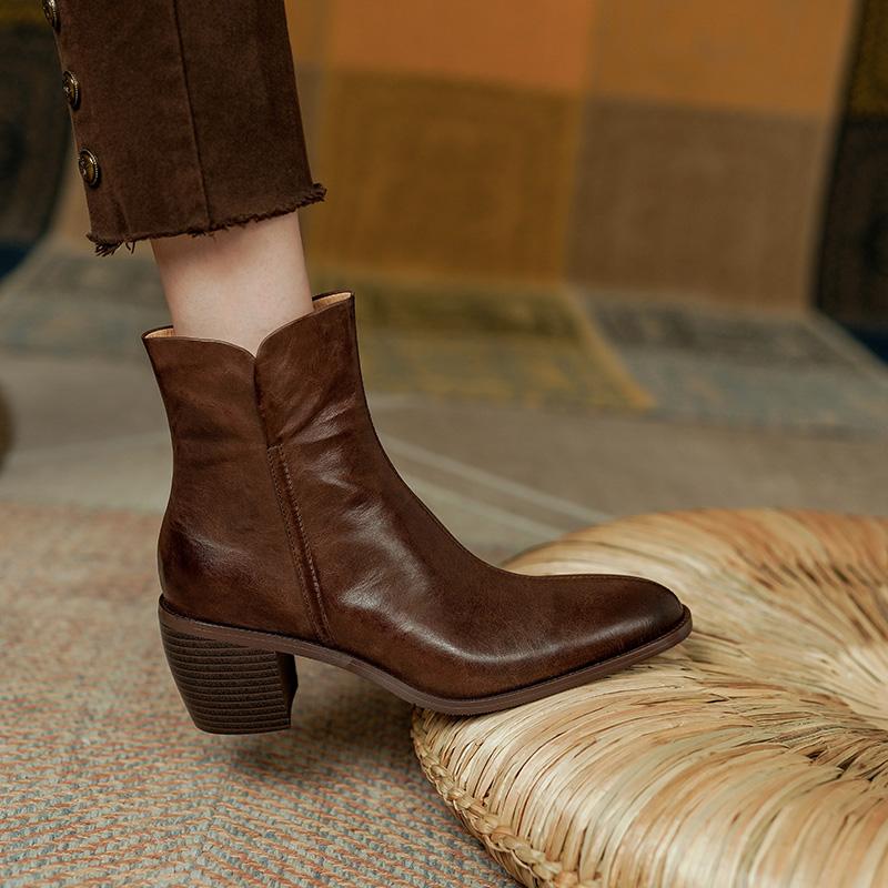 2024 Autumn Women Ankle Boots Round Toe Women Boots Winter Western Boots Genuine Leather Leather Shoes Office Lady Shoes Retro