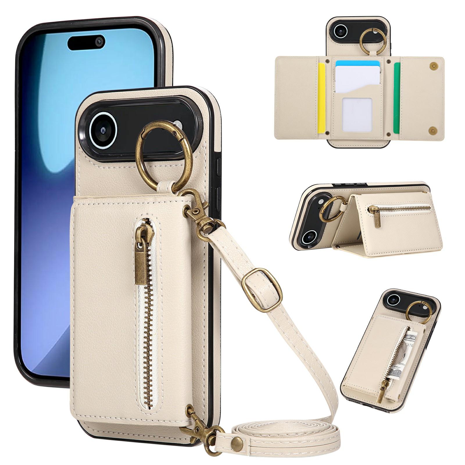 

For iPhone 17 Air Leather Back Cover Zipper Wallet Kickstand Phone Case with Shoulder Strap Beige