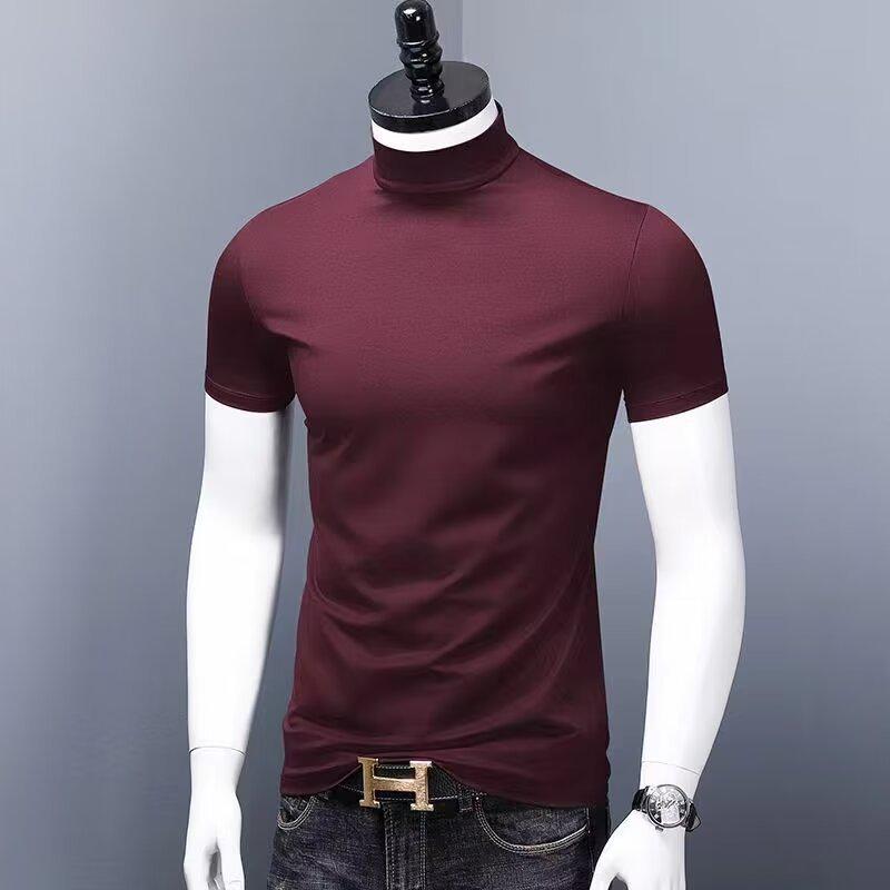 

Мужская футболка облегающего кроя с воротником-стойкой и короткими рукавами - Летняя мода 2024 M вино красного
