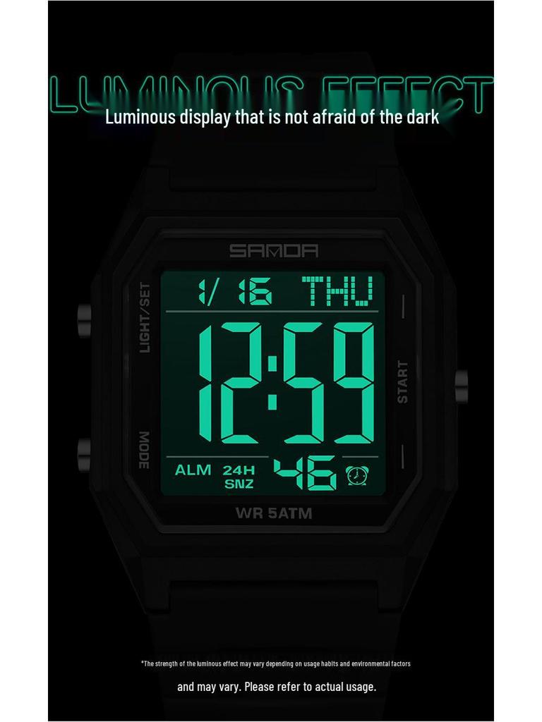 Sanda Waterproof Sports Alarm Watch - Multifunctional Square Electronic Timepiece for Students & Parties
