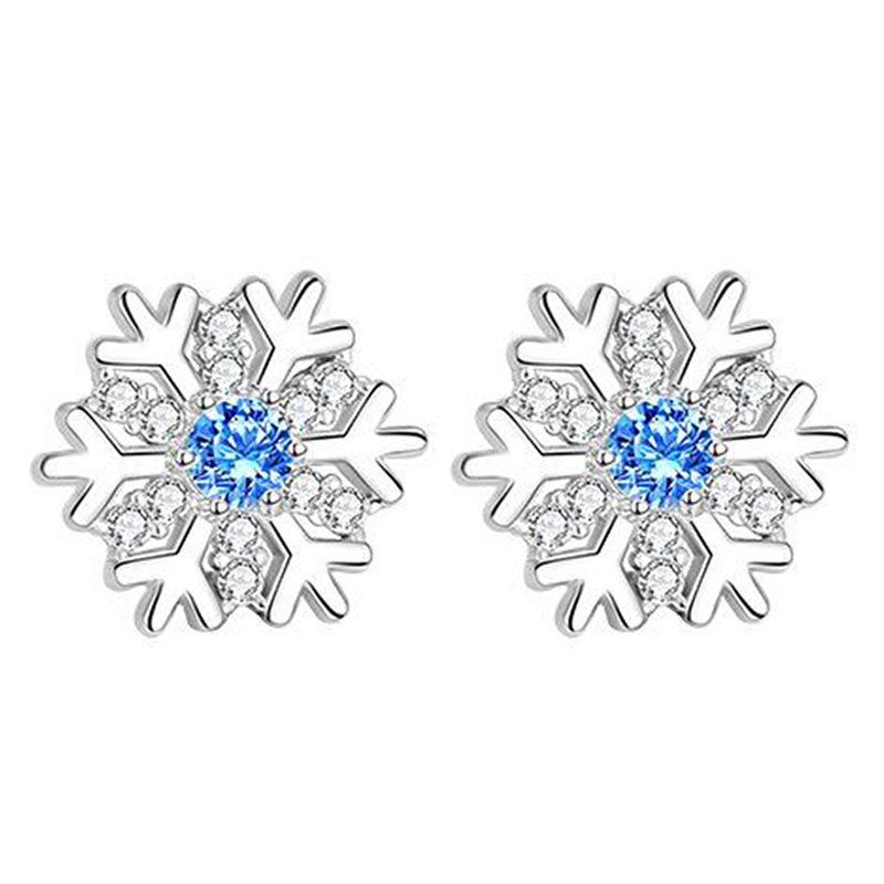 Stylish S925 Silver Plated Blue Diamond Snowflake Stud Earrings for Women