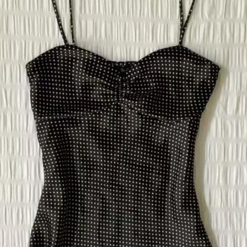 TrendHub Franska Vintage Prickig Camisoleväst Dam Sommar Veckad Ärmlös Y2k Kort Halterneck Toppar Söt Hottie Smal Ytterplagg Linne