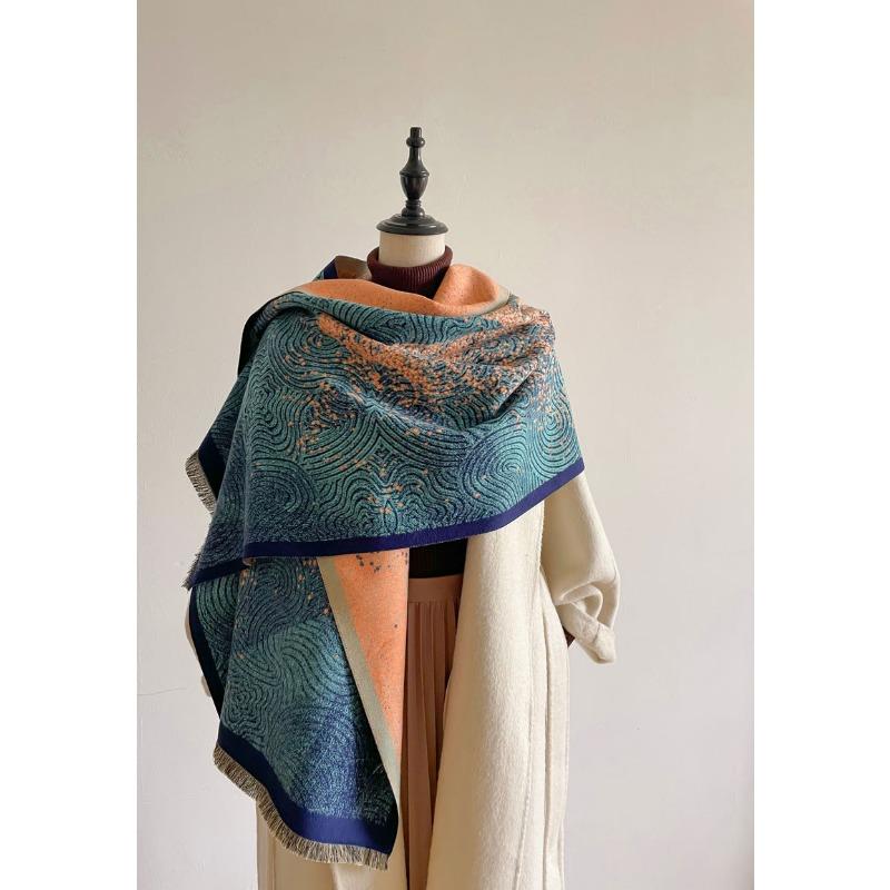Autumn and winter new oil painting style double-sided jacquard scarf women's high-end sense versatile shawl scarf thickened warm scarf