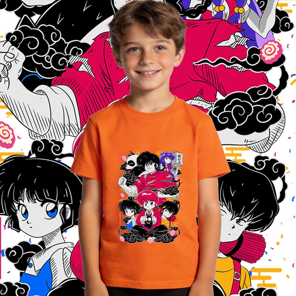 Boys Girls Short Sleeve T Shirt Ranma Characters Anime Print Cotton Top Kids Casual Wear Breathable Soft Summer