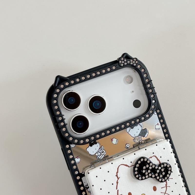 Ins Cute Double-Sided Rhinestone Full Screen KT Makeup Mirror for iPhone 17 Pro Max/16/15 Pro Max Cases.