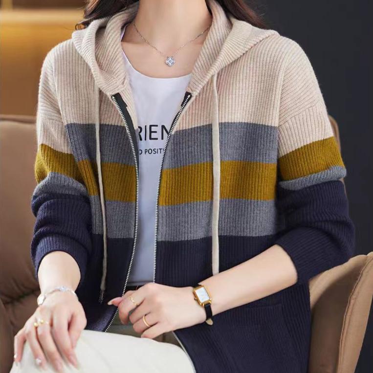 Hooded Striped Cardigan Women's Spring and Autumn Sweater Sweatshirt Casual Knitted Sweater Loose Knitted Cardigan
