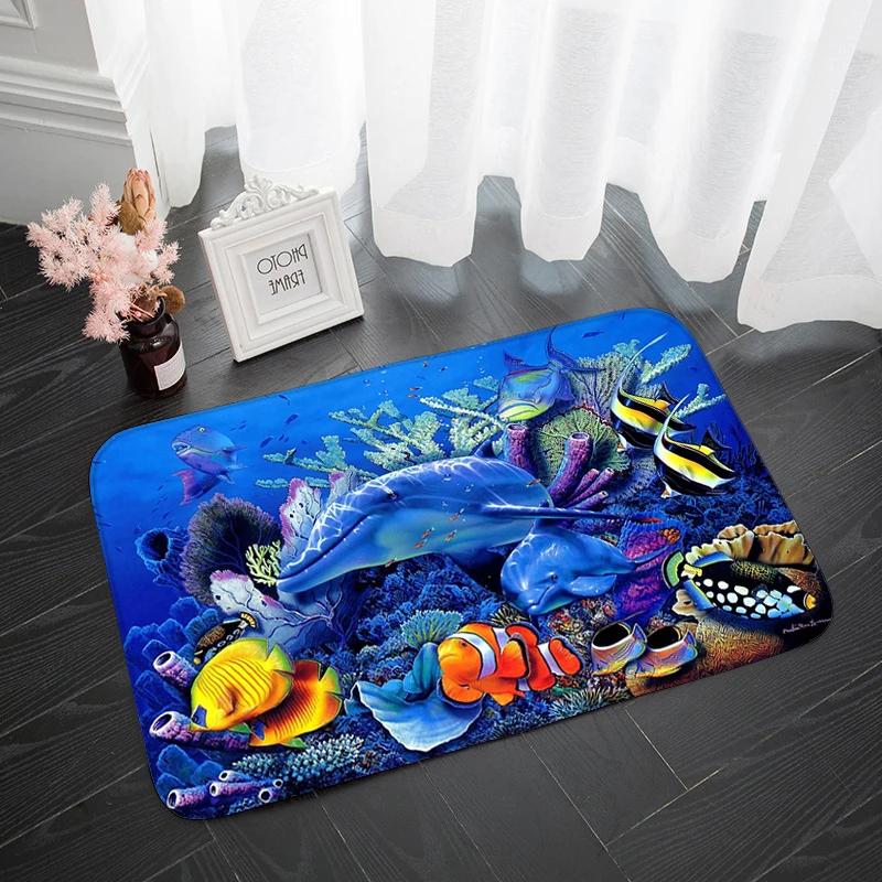 Modern Area Rug Kitchen Mat Anti-slip Underwater World Dolphin Absorbent Bath Mat 3D Print Long Bedroom Entrance Doormat Tapis