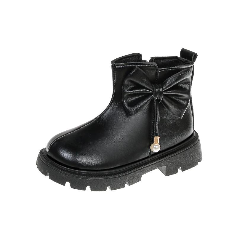 Girls Leather Boots with Big Sweet Bows Kids Ankle Boots Round Toes Soft Sole Autumn Children Princess Short Boots Elegant