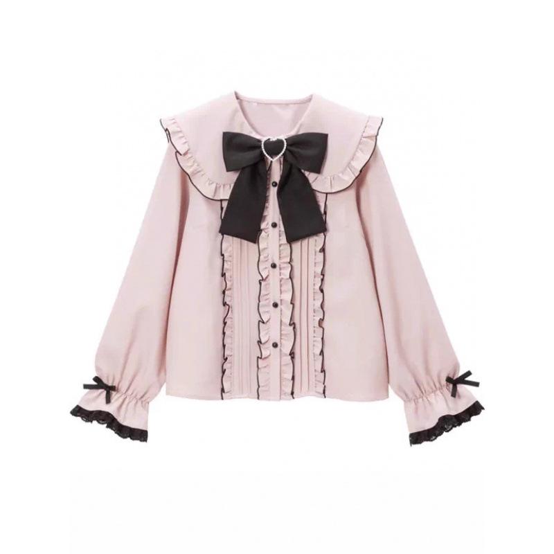 Cross-Border Europe Cute Versatile Japanese Style Bow Long Sleeve Ruffle Shirt for Women