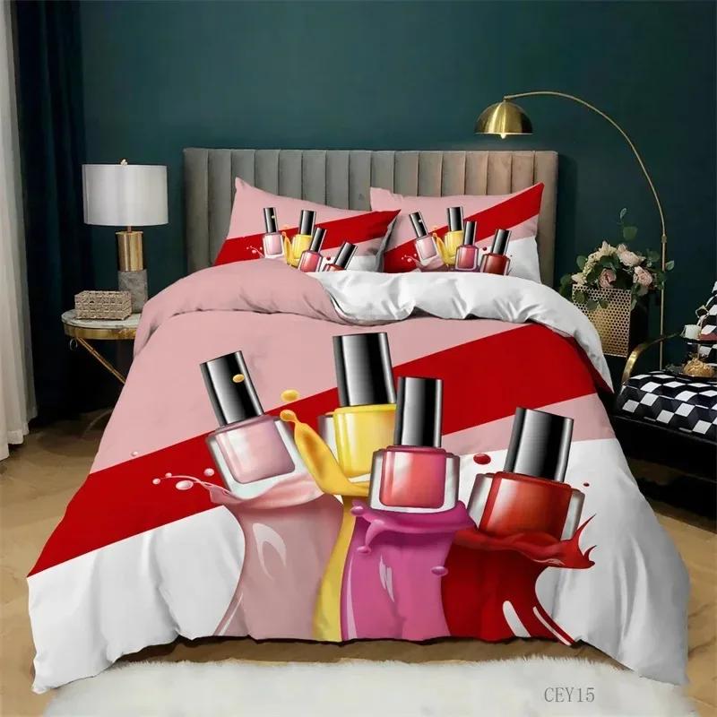 Fashion Bedding Set Makeup Cosmetic Theme Duvet Cover Polyester Perfume Lipstick Nail Polish Brush Print Quilt Cover King Size