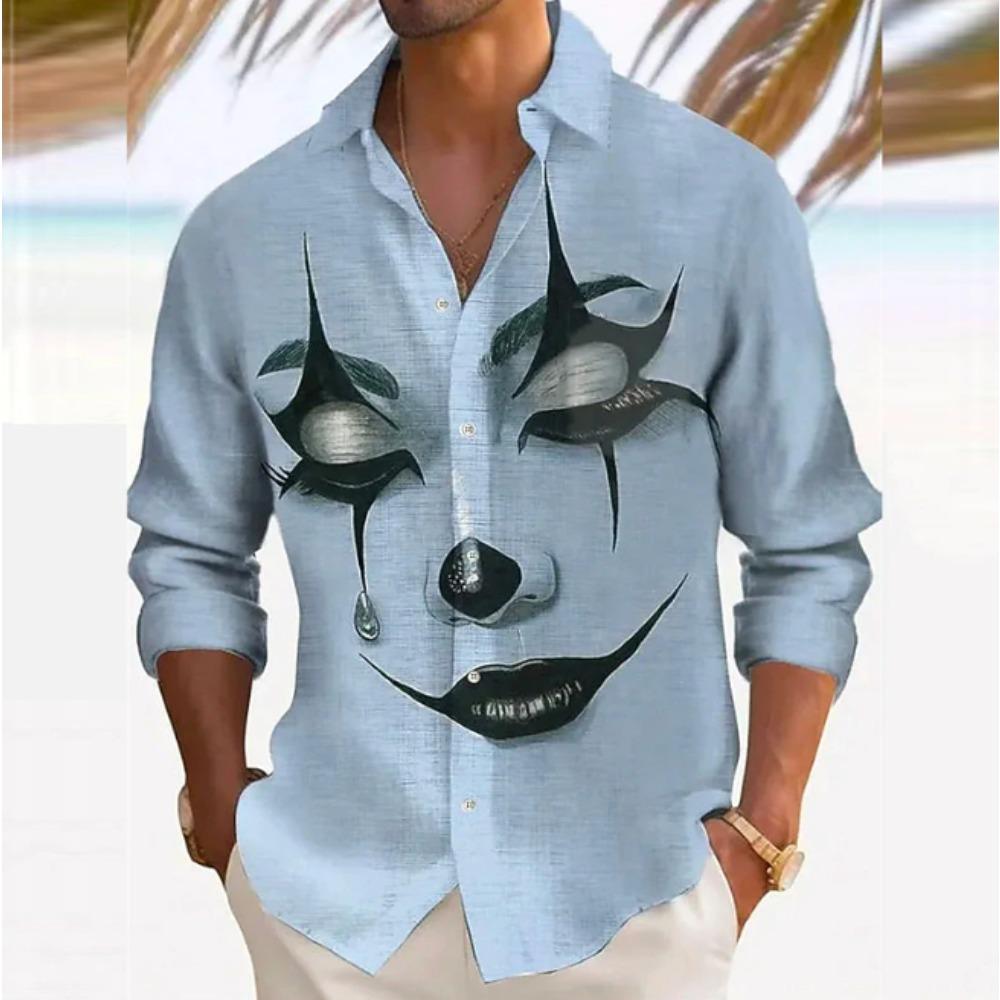 Herren Narren Aufdruck Langarmshirts Lässiger Cardigan Neue Knöpfe Urlaubsmode Hemden