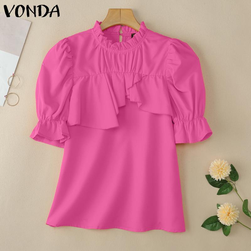 

VONDA Women Summer Puff Short Sleeve Ruffled Layers Casual T-shirts 2XL темно-розовый