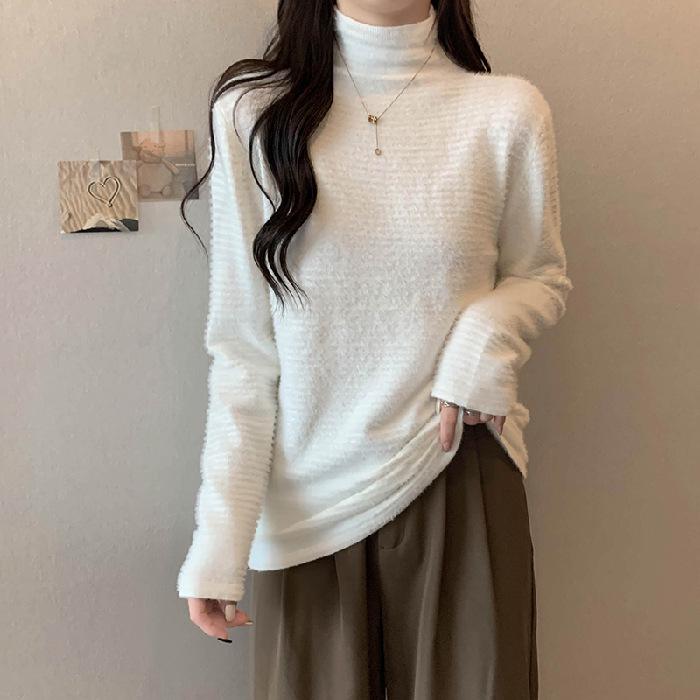 Women's Winter 2022 Mink Velvet Lace Shirt - Slim Fit, Half-High Collar, Solid Color Top