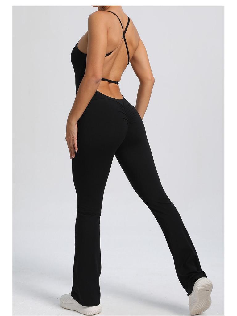 Adjustable Strap Flare Bodysuit Yoga Wear - European & American Sports Fitness Jumpsuit