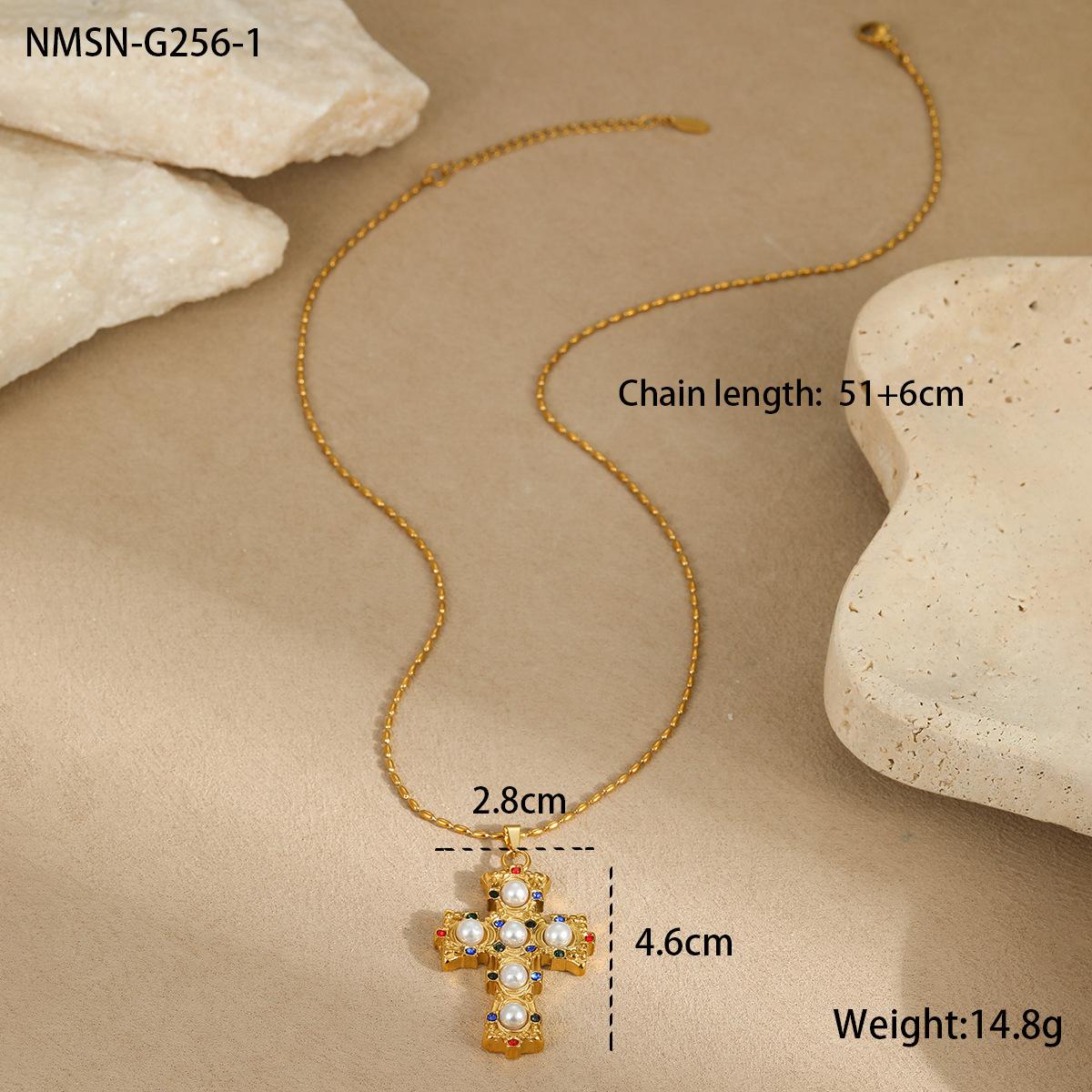 GEMCHIC Women s 18K Gold Plated Stainless Steel Cross Pendant Necklace with Rhinestones and Pearl Motif
